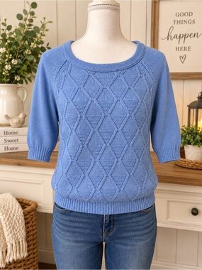 Croft & Barrow Blue Diamond Knit Sweater XL 3/4 Sleeve